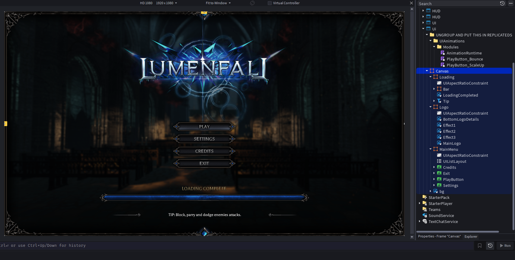 Lumenfall main menu UI imported into Roblox Studio